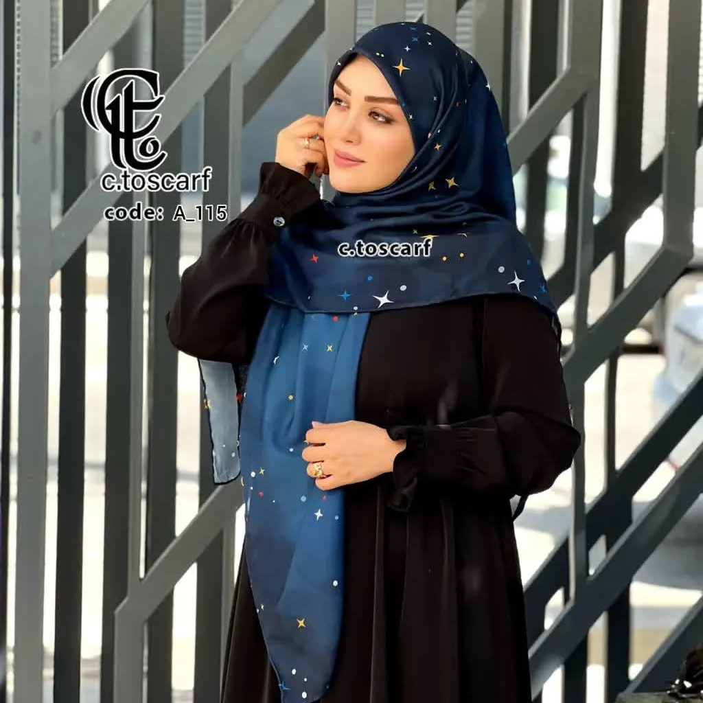 روسری نخی کاستوم طرح ستاره شب سرمه ای قواره بزرگ 140*140 دور دوخت