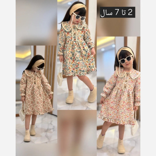 پیراهن دخترانه لینن وارداتی طرح گل مناسب 2 تا 8 سال