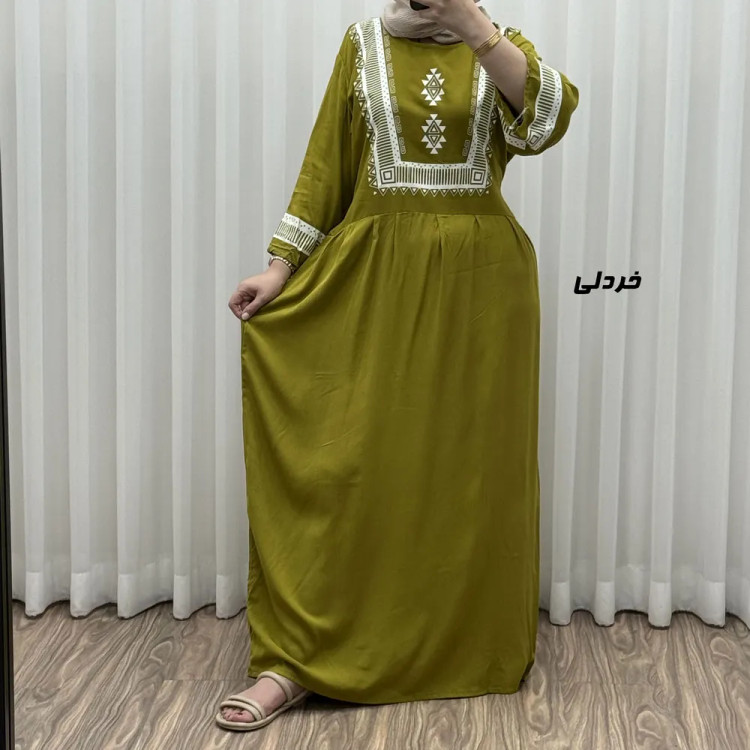 پیراهن نخی زنانه مدل پادمیرا فری سایز مناسب تا 48 همراه با کمربند