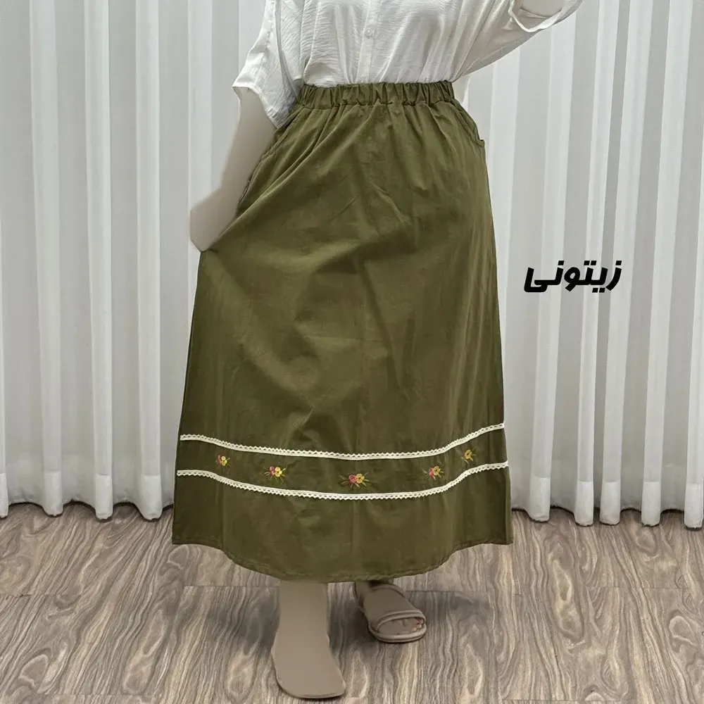 دامن لینن نچرال گلدوزی شده زنانه فری سایز مناسب تا 46