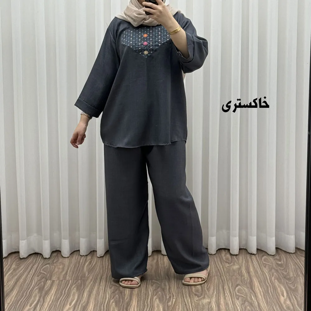 ست بلوز شلوار گلدوزی آلنا فری سایز تا 50 جنس صوفیا چهارفصل شیک راحت بدون آبرفت و رنگ رفت