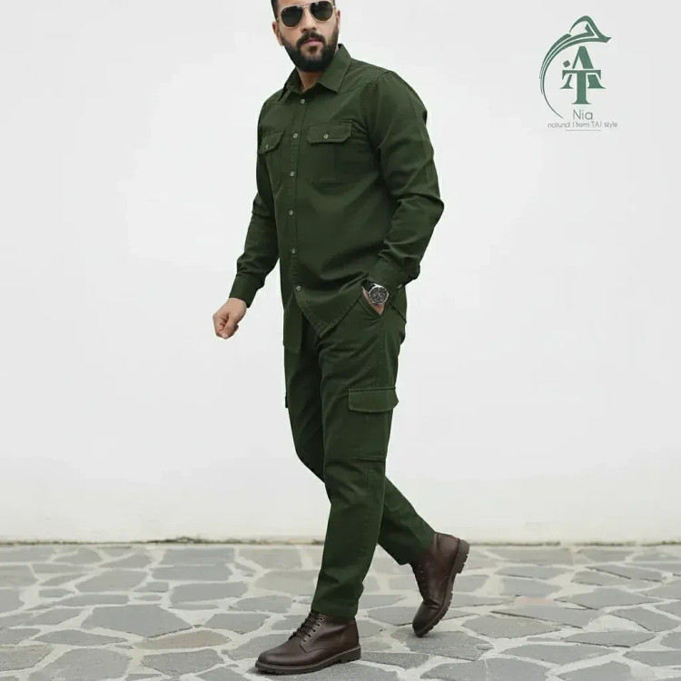 ست پیراهن و شلوار کتان مردانه مدل یاشیل رنگ سبز لجنی