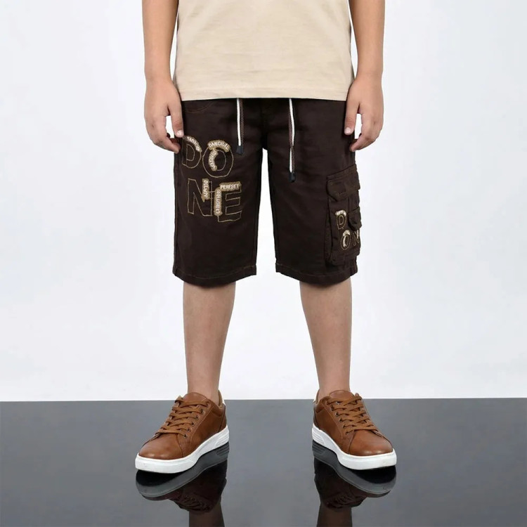 شلوارک کتان پسرانه قهوه ای کمر کشی جیب دار
