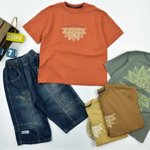 ست تیشرت و شلوارک پسرانه طرح دار با تیشرت پنبه ترک و شلوارک جین