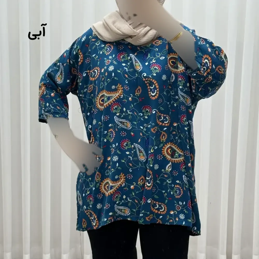بلوز نخی آستین سه ربع زنانه فری سایز مناسب تا سایز 52 همراه با کمربند