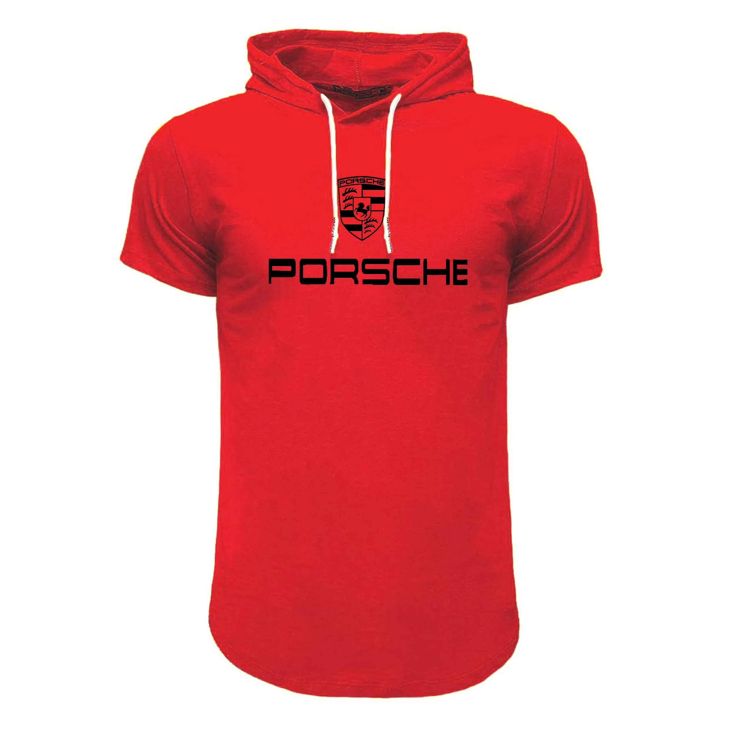تیشرت کلاه دار مردانه طرح Porsche مدل F8057 مشکی قرمز سفید