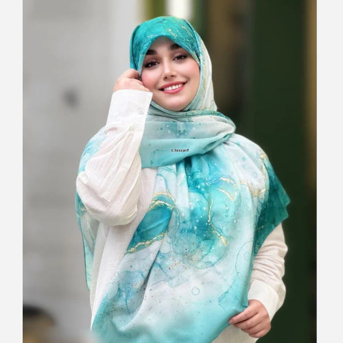 روسری نخی کاستوم طرح رزیتا قواره بزرگ سایز 140 فیروزه ای لیز نیست