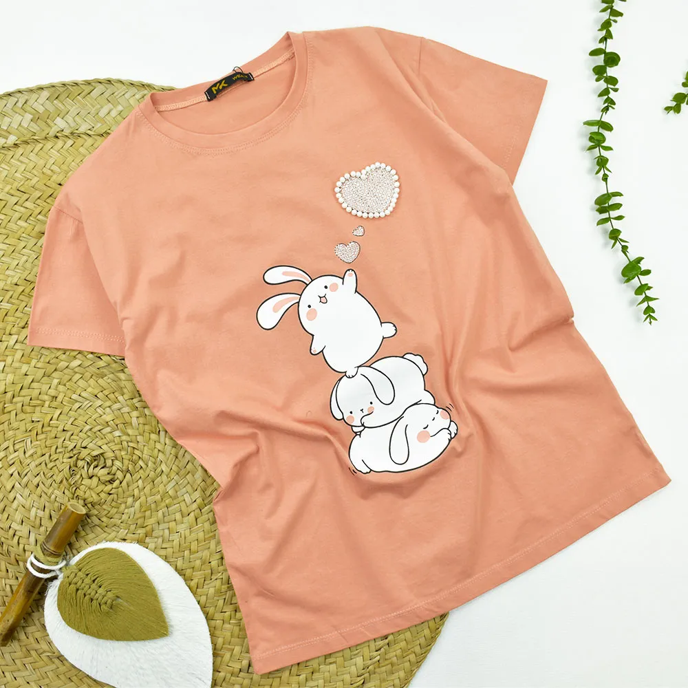 تیشرت زنانه طرح خرگوش و قلب جنس پنبه یقه گرد تک سایز