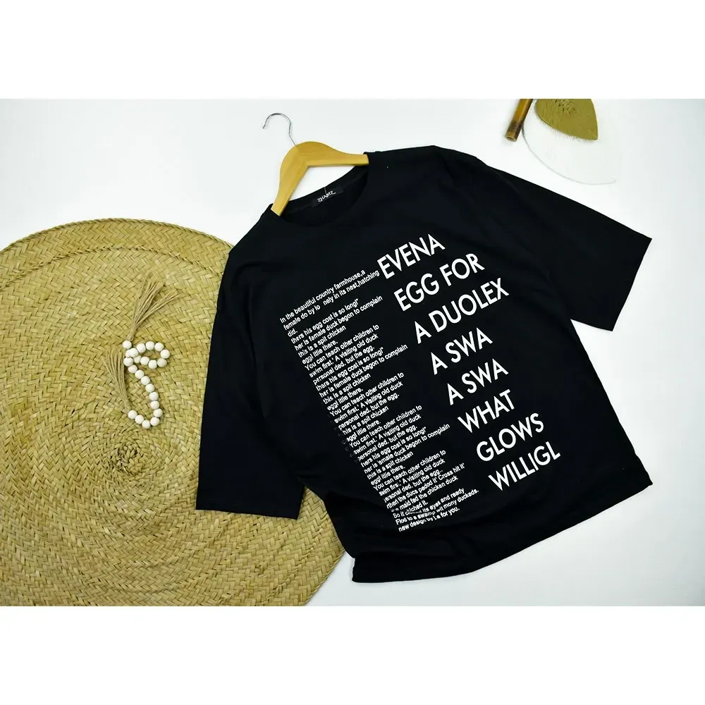 تیشرت زنانه لانگ طرح چاپ انگلیسی جنس پنبه یقه گرد تک سایز