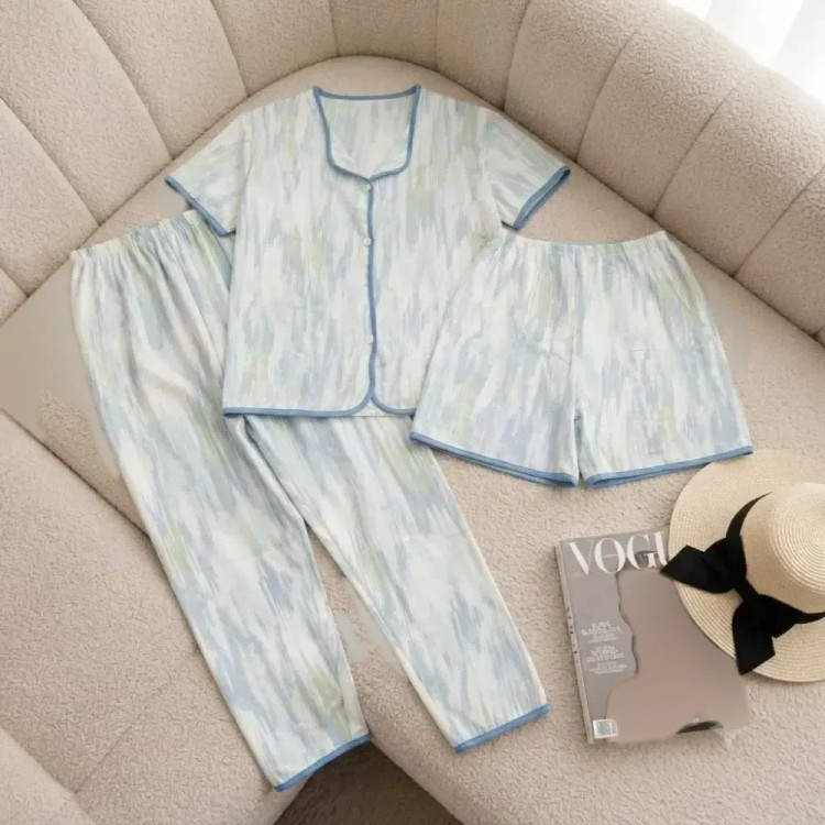 ست بلوز شلوار و شلوارک زنانه سه تیکه کریشه فری سایز مناسب تا 52