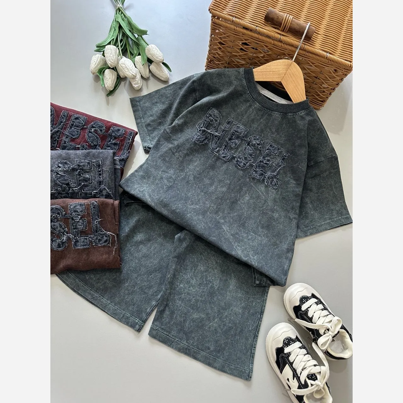 ست بلوز شلوارک پسرانه طرح سنگ شور اسپرت نخ پنبه