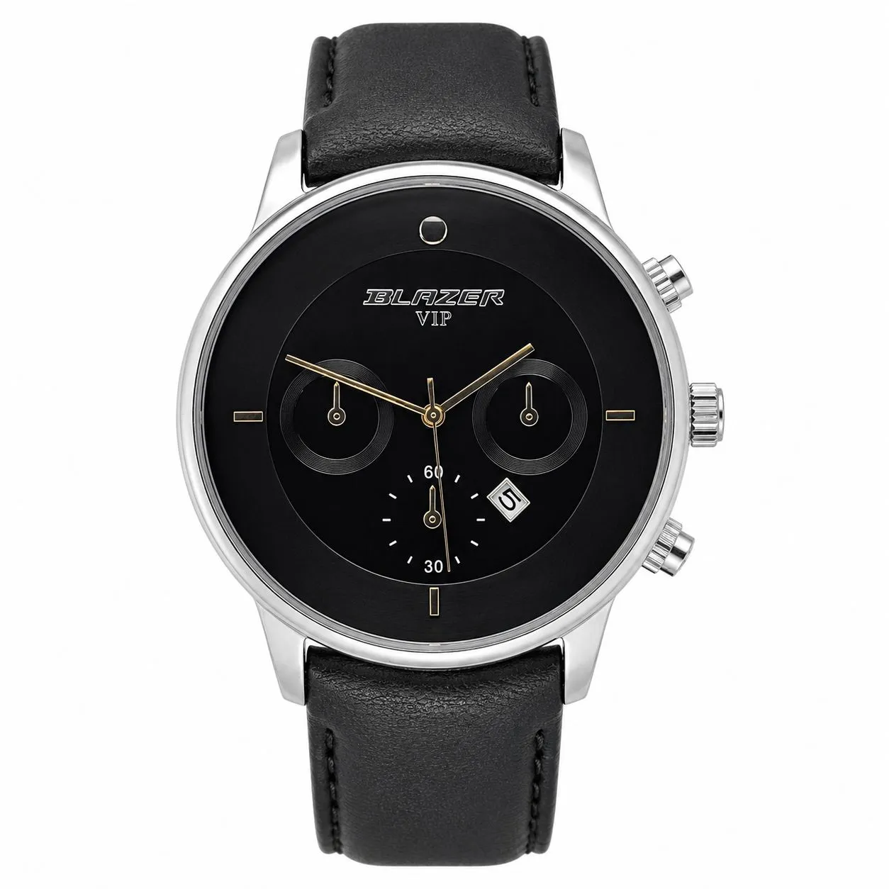 ساعت مچی مردانه بلیزر صفحه مشکی بند چرمی طرح سه موتور تقویمدار