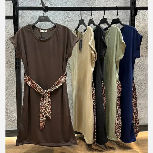 سارافون زنانه دخترانه آستین کوتاه ساده کمربند پلنگی فری سایز پنبه