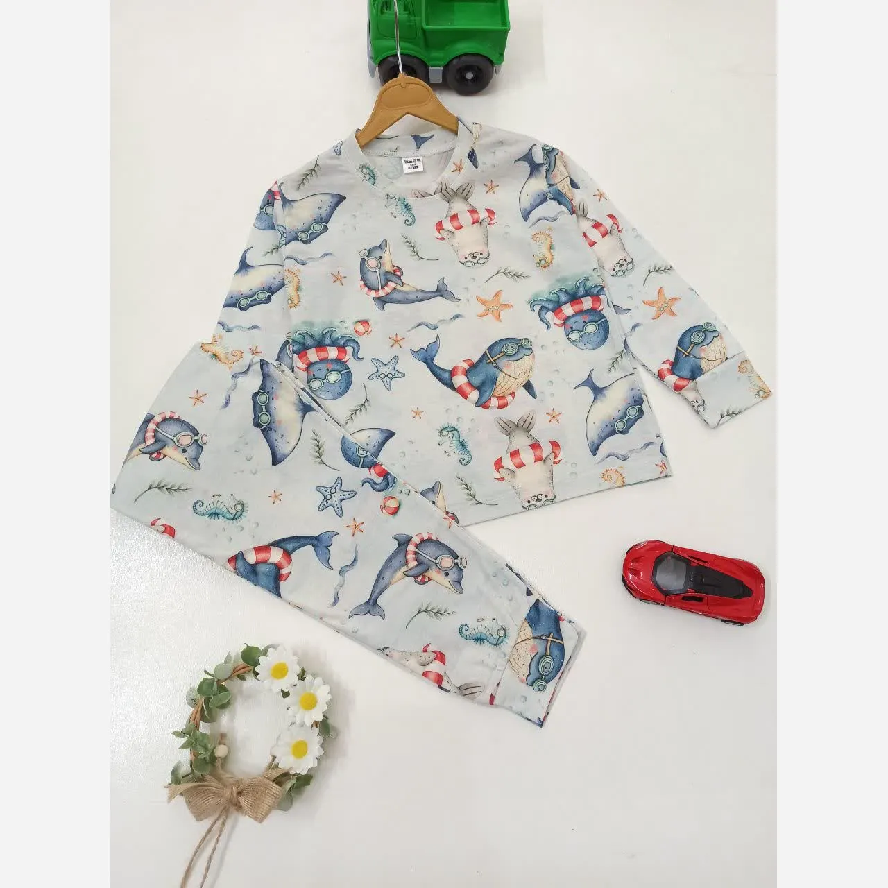 ست بلوز و شلوار راحتی پنبه یک رو لاکرا پسرانه مدل حیوانات دریا