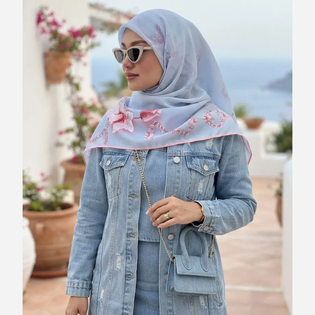 روسری نخ کاستوم قواره بزرگ 140 در 140 طرح آرام آبی و صورتی