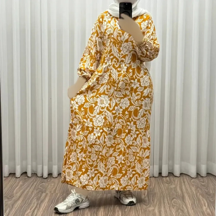پیراهن فلور نخی فری سایز تا 50 بنددار چهارفصل زنانه شیک راحت