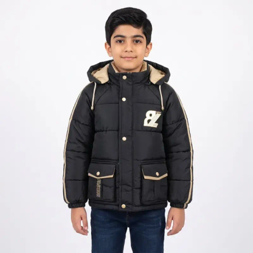 کاپشن پسرانه مشکی شمعی آستر خز کلاه دار مدل فشن پاییزه زمستانه