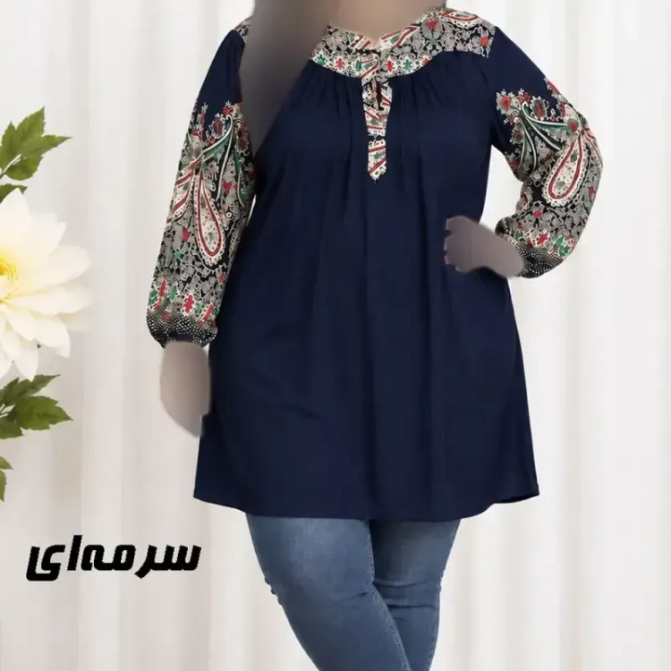تونیک نخی سایز بزرگ طرح اندونزی مدل ترمه دکمه دار چهارفصل