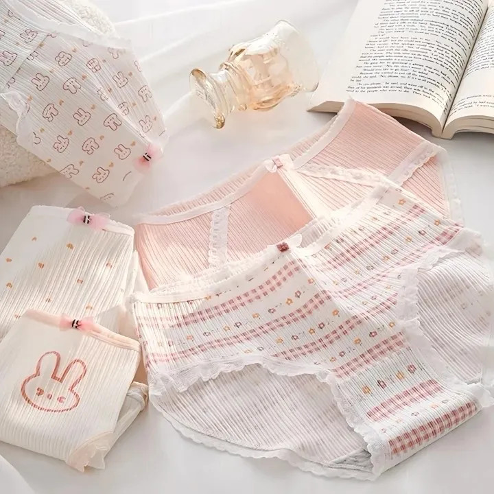 شورت زنانه عروسکی کبریتی نخی صورتی طرح خرگوش پک سه تایی سایز ایکس لارج