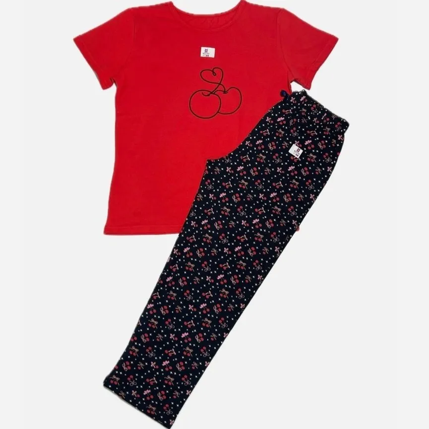 ست تیشرت و شلوار نخی طرح آلبالو برند Beytas سایزبندی XL,2XL,3XL راحتی روزمره